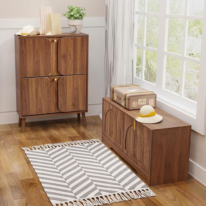 BERRYMERRY 39.4" Fluted Walnut Shoe Storage Bench for Entryway | Arched Door,Entryway,End of Bed,Shoe Cabinet,Adjustable Shelf,Bedroom,Brown,Mid Century Modern