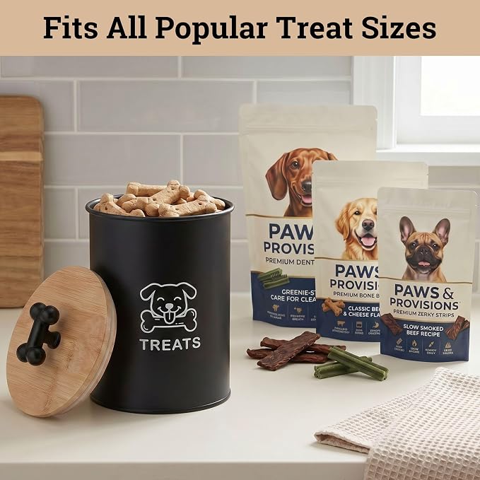 Dog Treat Container Airtight, 4.6"W x 6"H, Powder Coated, 6 Cup Capacity | Fits All Popular Treats, 6 Cup Capacity, Airtight Bamboo Lid, Easy Open Lid, Dent-Resistant Durable Metal Bone-Shaped Handle