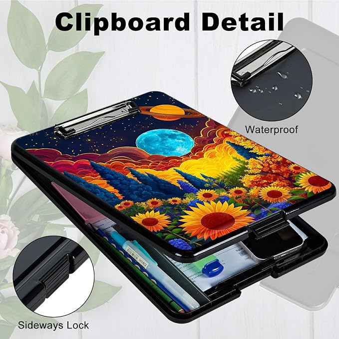 Sunflower Clouds Moon A4 Clipboard with Storage Pen Holder, Clipboards Organizer Nursing Clipboard Foldable File Folder Plastic Clipboard Folio Clip Board for Office Students Classroom