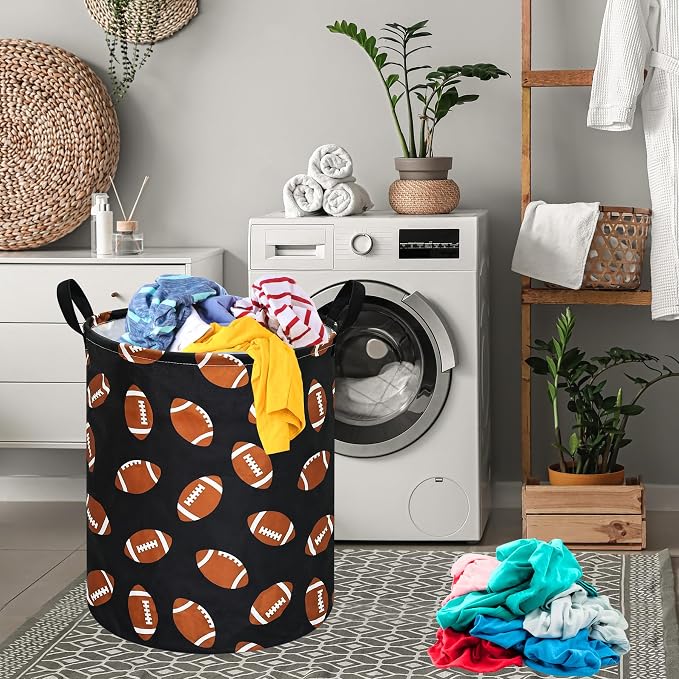 MAIZMZ Rugby Sport Print Storage Basket Kids Hamper, 15.7"D x19.7"H,Waterproof Lining, Leather Handles, Collapsible for Laundry, Sports Gear, Boys Gift