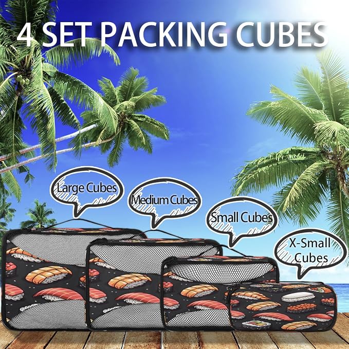 Sushi 4 Set Travel Packing Cubes for Accessories, Suitcase Organizers Luggage Bags Set with Double Zippers & Mesh Top