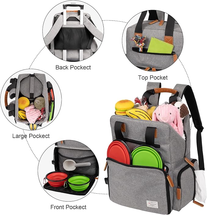 Modoker Dog Travel Backpack Set with 2 Food Bags, 2 Bowls and 1 Mat, Grey | Water-Resistant Oxford Fabric | Roomy Main Compartment | Multiple Functional Pockets | Stroller Strap | Leak-Resistant Lining