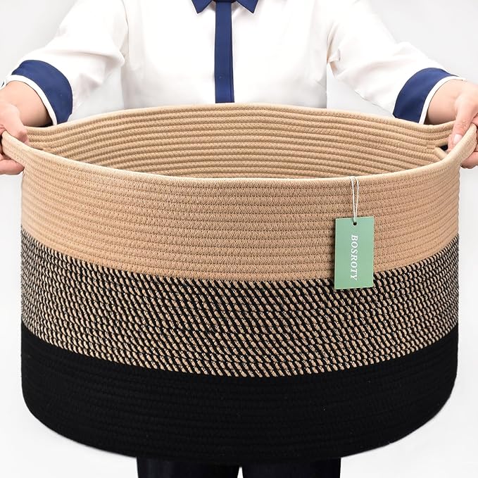 Large Cotton Rope Blanket Basket, 87L Laundry Hamper, Brown & Black