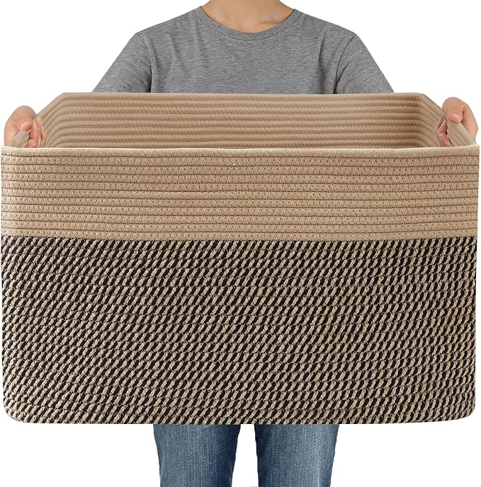 JMvicyroam 96L Large Woven Cotton Rope Blanket Basket, Jute&Black | Blanket storage for living room or bedroom use, Freestanding with reinforced handles, Entire basket is machine washable