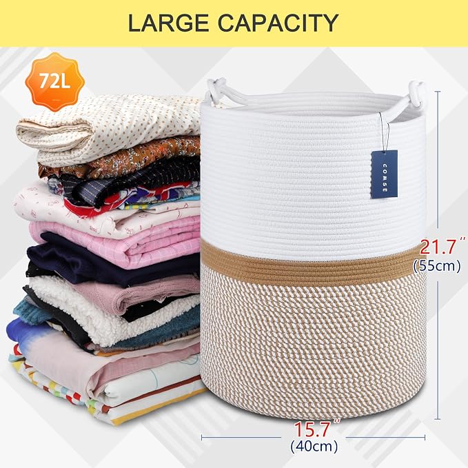 COMSE Tall Woven Blanket & Laundry Basket, 72L, Blend White & Camel | 15.7”x 21.7”, Cotton Rope, Large Nursery Hamper for Storage of Toys Clothes Towels, Great for Living Rooms Bedrooms Bathrooms