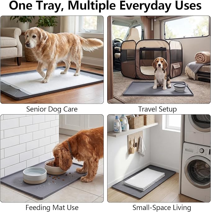 Dog Pee Pad Holder Tray, Silicone Mat 40 x 22 in, Raised Edge | Raised leakproof edge, waterproof silicone, easy-clean surface, for puppy training, senior dogs, home use