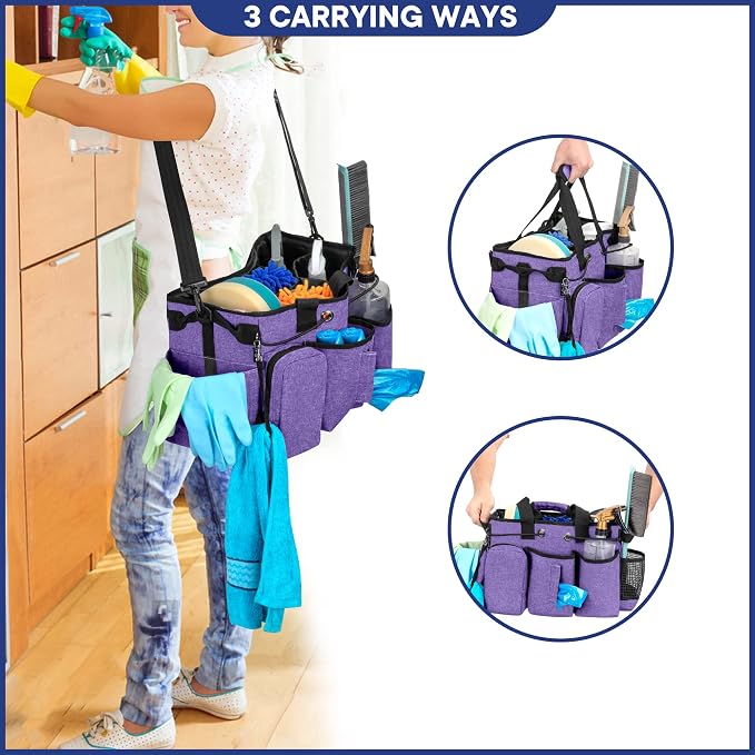 LoDrid Large Professional Cleaning Caddy with Detachable Divider, Purple | Cleaning Supply Organizer with Handle and Shoulder Strap for Housekeepers & Cleaners
