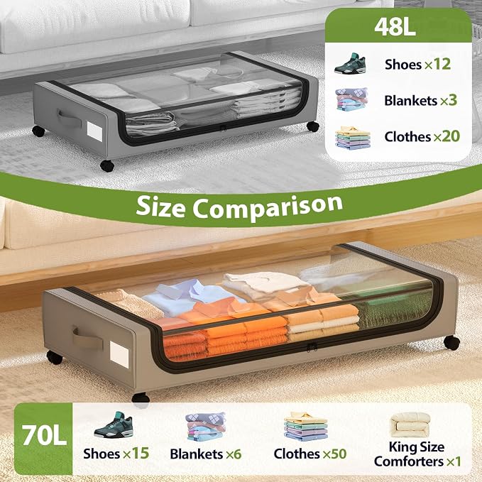 GoMaihe Under Bed Storage with Wheels 70L Grey 2-Pack | Rolling Bins for Shoes Clothes in Dorm Bedroom - Metal Drawers Easy Pull-out
