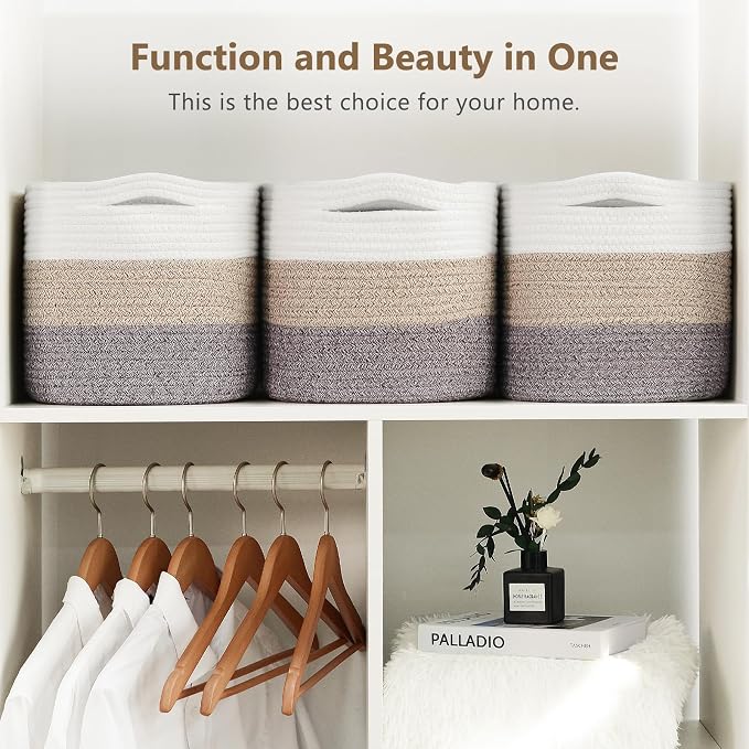 ECDYQXVU 15x10x9 Inch Woven Cotton Rope Storage Basket, 2 Pack | Foldable Design, Built-in Handles, Space-saving Organizer for Living Room, Bedroom, Laundry, Shelves, Clothes, Towels
