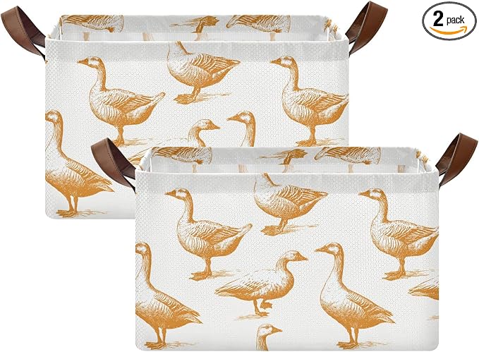 Hand Drawn Retro Goose and Duck Storage Basket Foldable Cube Storage Bins with Handles&Label Waterproof Organizer Box Bin Large Rectangle Decorative Baskets for Shelves Home Room Laundry-2 Pack