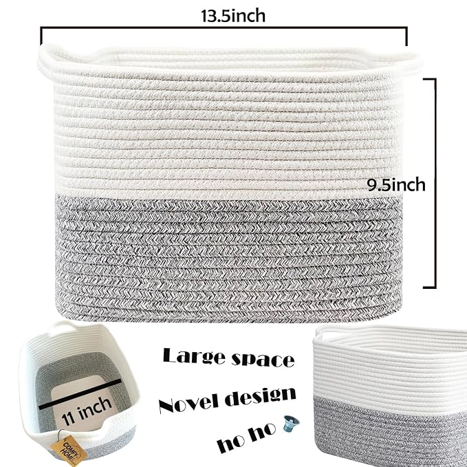 COMFY-HOMI Square Woven Cotton Rope Basket for Organizing, Gift Baskets for Handles, Empty Gift Baskets, Toy Basket for bins|13.5" x 11" x 9.5" home decor for Living Room, Bathroom