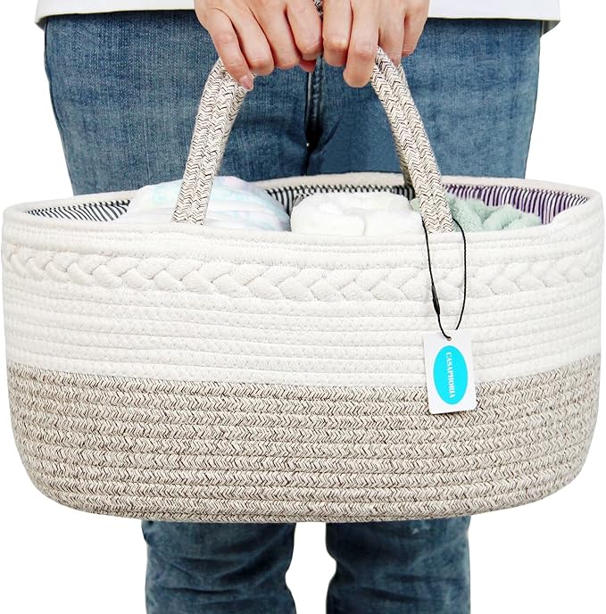 Casaphoria Caddy Organization Woven Cotton Rope Basket storage Caddy or Gift, Soft Circular Basket with Handle, Cotton Material,Light Brown(15.5"x10"x7.5")