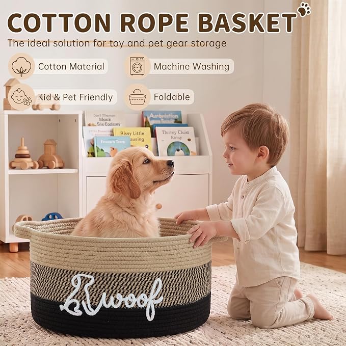OIAHOMY 22L Large Dog Toy Basket, 16.5"x11.4"x9" Cotton Rope Basket with Cute Woof Embroidery, Soft Woven Pet Toy Box with Handles for Blankets, Leashes & Puppy Accessories, Yellow Black