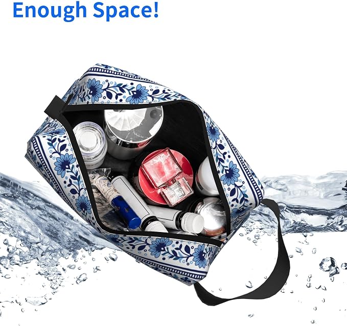 Blue & White Aesthetic Makeup Bag - Durable 600D Oxford Fabric Travel Cosmetic Bag, Shockproof Foam Padded Toiletry Organizer for Gym & Daily Use 10x6.2x4.9 Inch