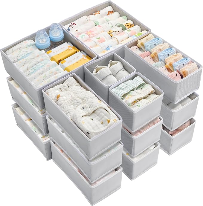 Vtopmart 18 Pack Baby Clothes Organizer, Foldable Fabric Drawer Bins | Nursery Drawer Storage, Baby Clothes Organization, Foldable Fabric Bins, Dresser Closet Organizer, Socks, Bras & Accessories