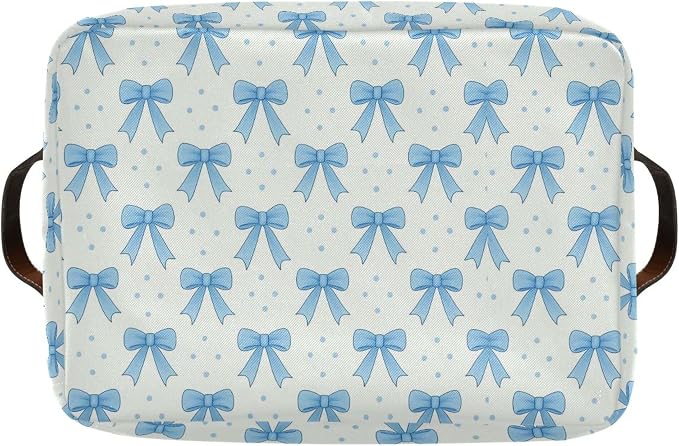 Wamika Blue Bow Storage Basket with Waterproof Liner and PU Handles Coquette Bowknot Storage Bins Boxes 14.2" Collapsible Decorative Organizer Baskets for Bedroom Closet Office 2 Pack