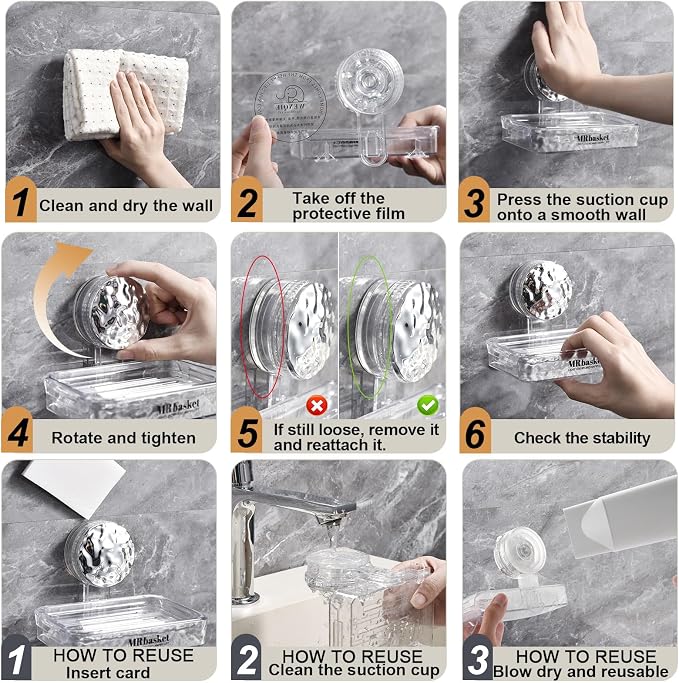 Soap Dish Holder Suction Cup, Wall Mounted Self Draining Soap Case & Sponge Rack, No Drilling Suction Bar Soap Holder for Bathroom, Kitchen Sink