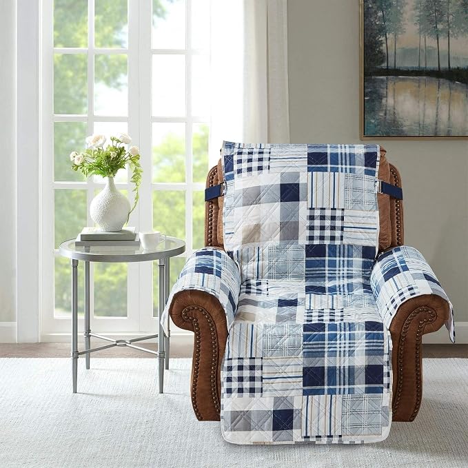 Brilliant Sunshine Blue Plaids & Stripes Couch Recliner Cover, 26" seat | Quilted Sofa Cover, Living Room & Bedroom Furniture Protector, Washable Reclining Chair Slipcover for Pets, Dogs & Cats
