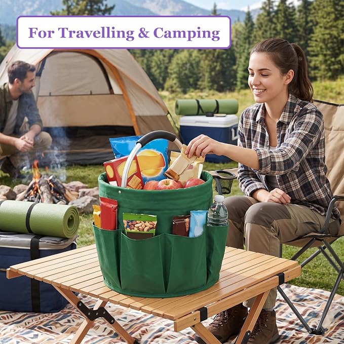 17L Cleaning Caddy with Handle, 600D Oxford Cleaning Supply Caddy with 6 Pockets, Foldable Tool Bucket Organizer for Housekeeping, Gardening, Car Detailing, Traveling, Camping, Green