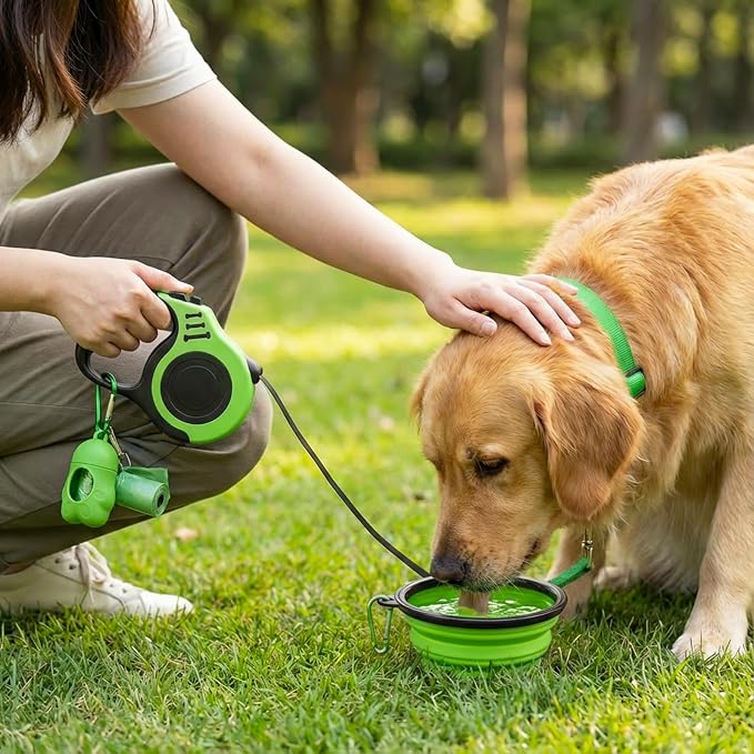 PETIMP Retractable Dog Leash Lightweight 16FT Leash Set | with Folding Bowl,Dispenser,waste Bags, for Small Medium Dogs(Green)