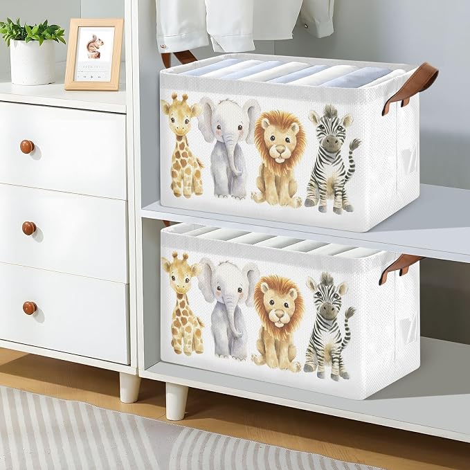 Watercolor Jungle Animal Cute Wildlife Storage Basket for Baby with Handles&Label Rectangular Waterproof Nursery Storage Bins Collapsible Organizer Baskets for Kids Cloth Gift Toys Laundry Shelf, 2 PC
