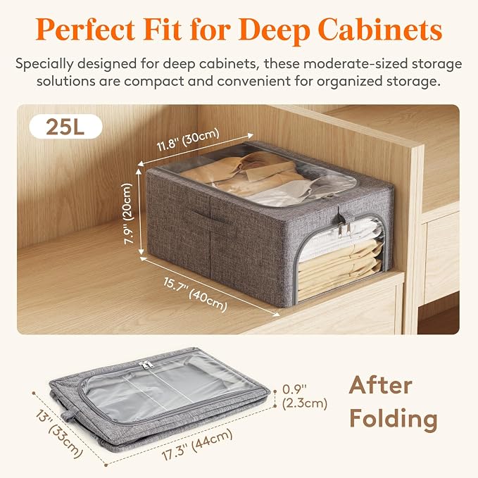 Lifewit Clothes Storage Bins with Metal Frame 3 Pack, Fabric Stackable Storage Bags with Lids, Zipper, Foldable Clost Organizers Containers for Clothing, Blanket, Winter Cloth, 25L