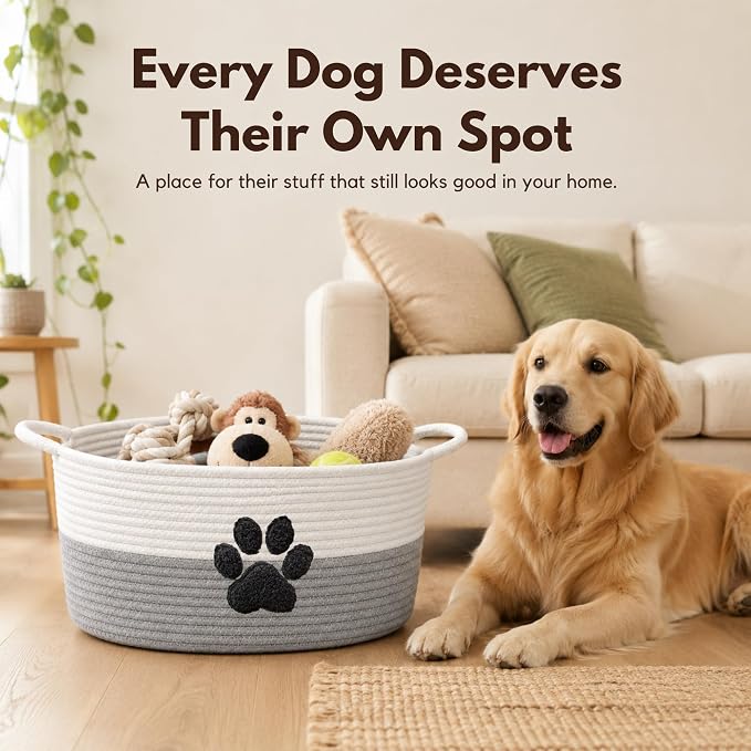 Dog Toy Basket with Handles, Grey Cotton Rope Storage Bin Organizer | Neutral grey dog toy organizer that blends any decor. Holds toys, blankets & leashes. Machine washable, collapsible rope bin.