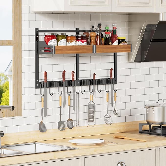 Broom and Mop Organizer Wall Mount, 2 pcs | Wall Hanging, Cleaning Supplies Organizer, Storage Shelf and Hooks, For Laundry Room Garage Kitchen