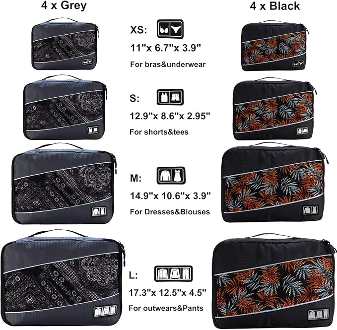 Packing Cubes large Luggage Organizers Bags For Travel Organizing Clothes | Mixed Color 8 Set Suitable family or two-person trips; breathable mesh make easy to sort; durable and convenient to store