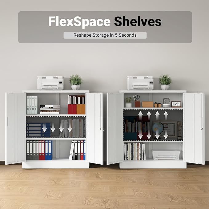 CJF Metal Storage Cabinet, 36" H Locking Storage Cabinet with Shelves and Doors for Home Office, Garage, Utility Room, Entryway(White)