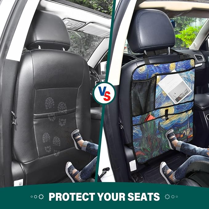 JIPONI Car Backseat Organizer, Van..gogh Starry Automotive Back Seat Protector, Kick Mats with Storage Pockets for Kids Pets, Road Trip Accessories