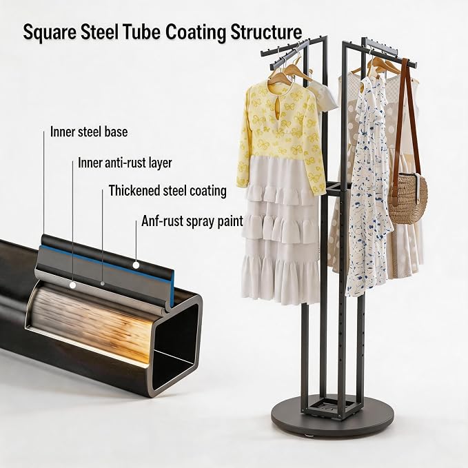 360° Black Rotating Coat Rack, Heavy Duty Metal Garment Rack Height-adjustable, Suitable for Both Adults and Children, Freestanding Clothing Rack for Hanging Clothes, for Bedroom, Retail Store