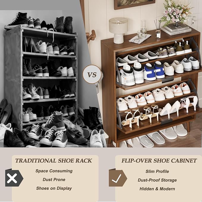 Shoe Storage Cabinet with 2 Flip Drawers, Narrow Wood Shoe Organizer Cabinet with Fluted Panel, Slim Shoe Rack for Entryway, Freestanding Shoe Cabinet for Living Room, Hallway, Walnut