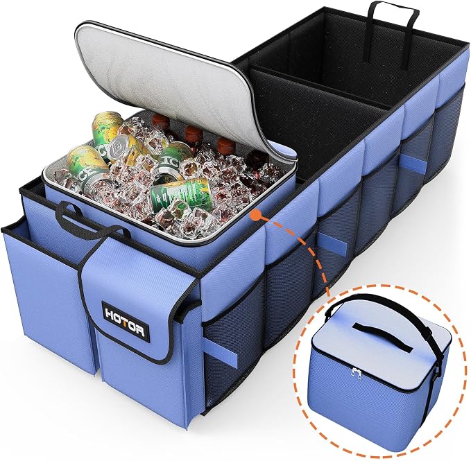 HOTOR Trunk Organizer, Sturdy Foldable with Cooler for Car, Sudan & SUV | Car Organizers and Storage, Detachable Cooler Bag, for Tools, Camping, 3 Compartments, Blue, 31.5” x 12.6” x 10.6”
