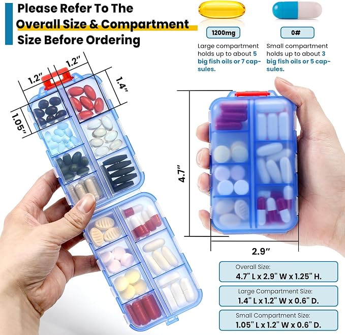 14 Grids Travel Pill Organizer Box with 415-Pcs Medicine Name Labels - Pocket Daily Pharmacy Case Container Kit - Travel Medication Holder Dispenser for Fish Oil Vitamin Supplement Storage -Clear Blue