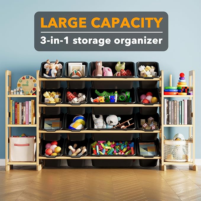 SpaceAid Toy Storage Organizer with 6 Shelves and 16 Bins, Toy Organizers Storage Bookshelf, Kids Bin Shelf Toys Box Bookcase for Bedroom Playroom Organization Room Decor, True Black