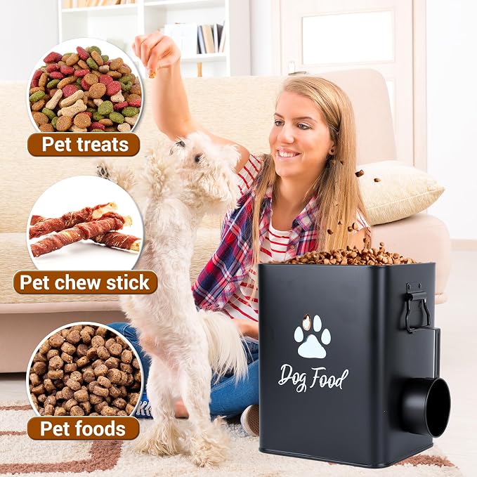 Dog Food Container 6.6lb, Cute Airtight Pet Treat Storage Containers with Metal Lid Scoop, Metal Storage Bin for Dog/Cat Durable Airtight Great Gift for Pet Owners-Black