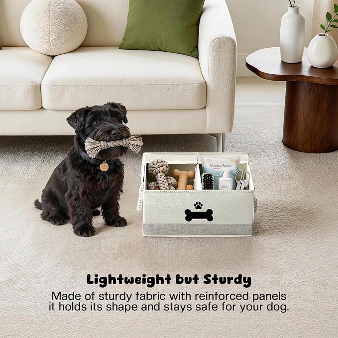 Dog Toy Basket with Double-Open Lid, Divided Dogs Basket for Toys, Collapsible Pet Toys Box, Dog Storage Organizer with 2 Divided Area, Puppy Toy Baskets with Rope Handles, Beige & Gray