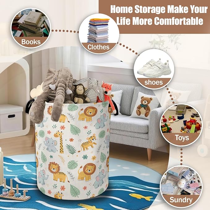 Cute Jungle Animals Cartoon Laundry Basket,Waterproof Foldable Laundry Hamper,Dirty Clothes Laundry Basket,Linen Bin Storage Organizer Collection 16" x 20.8"