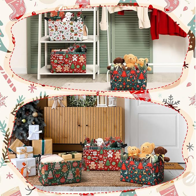 4pcs Christmas Storage Basket Fabric Laundry Baskets with Handle Xmas Foldable Organizer Boxes for Office Home Baby Cloth Toy Book 15 x 10 x 8(Retro)
