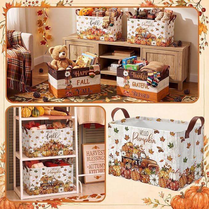 4 Pcs Fall Storage Basket for Gifts Empty Large Pumpkin Storage Bins with Handles 15 x 10 x 8 Fabric Laundry Baskets Autumn Harvest Collapsible Organizer Boxes for Thanksgiving Home Cloth Toys