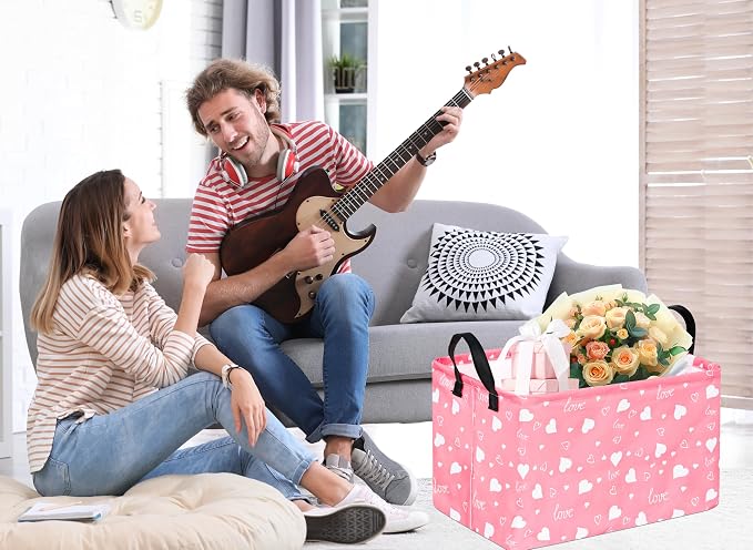 Kid Storage Basket Gift Shelf Basket Toy Storage Bin, Nursery Basket Organizer Box for With Handles for Room Deco Heart Pattern Valentine's Storage Basket
