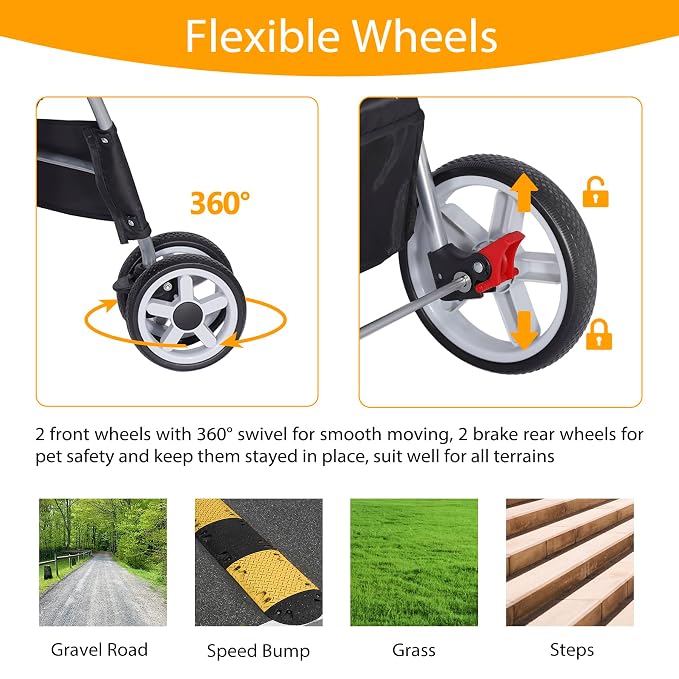 4 Wheels Dog Stroller Folding Pet Strolling Cart for Small Medium Cats Puppies Portable Jogger Travel Camping Puppy Carrier with Storage Basket Cup Holder, Black