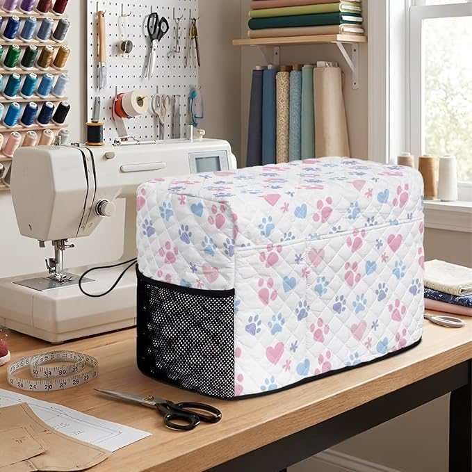 Sewing Machine Cover Polyester Febric Cute Paw Heart Print | Dust Pet Hair Protection,Quilting Design,Fits Standard Singer,Brother Janome Machines,Protecting Decorating Your Sewing Space