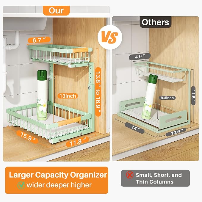 PXRACK Under Sink Organizer, Adjustable Height, 2 Tier Pull Out Under Cabinet Organizer, Slide Out Thickened Metal Under Sink Storage for Kitchen Bathroom Laundry Pantry Cabinet, Green, Large-1-Pack