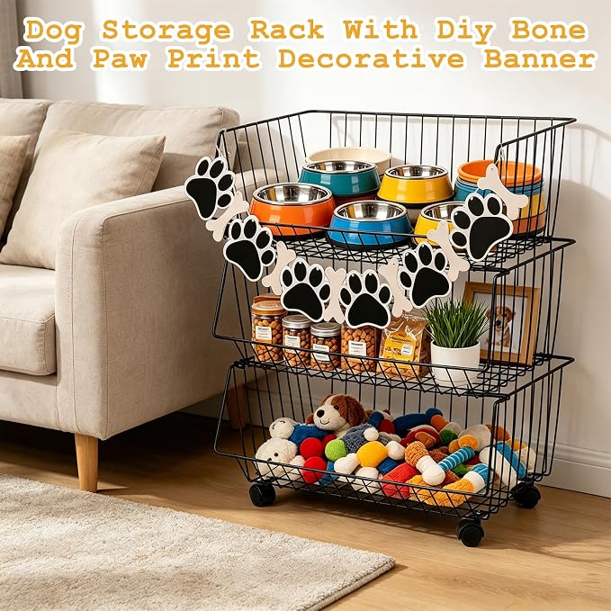 Metal Dog Toy Storage Rack, 19" x 10.6" x 24" Rolling Pet Organizer Bin with Wheels, 3 Tier Detachable Wire Basket Shelf for Toys Treats & Supplies, Large Dogs Toy Storage Holder for Home