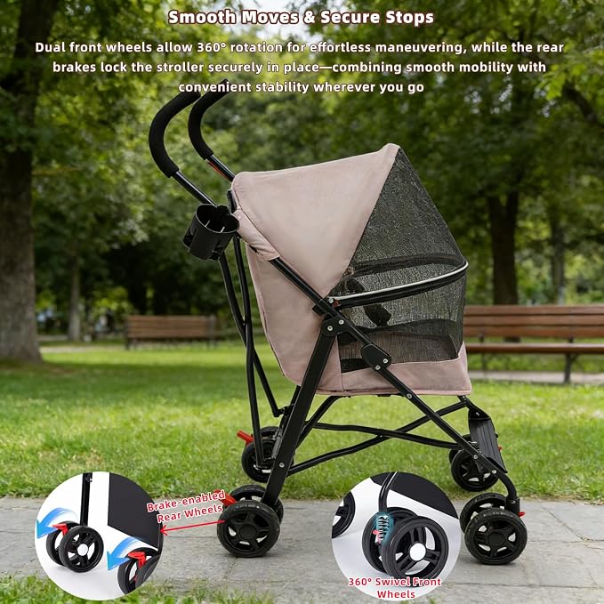 Pet Stroller for Small Medium Dogs Up to 22lbs, 4 Wheels Folding Pet Carriage Cart for Dogs Cats, Portable Cat Puppy Jogging Stroller with Rear Pocket and Cup Holder (Pink)