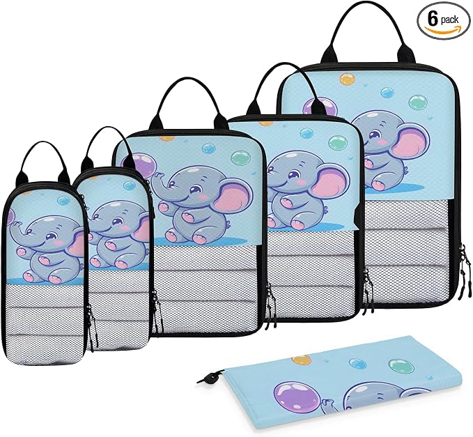 Blue Elephant 6 Set Compression Packing Cubes Cute Expandable Packing Organizer for Travel Accessories Luggage Suitcase Bag