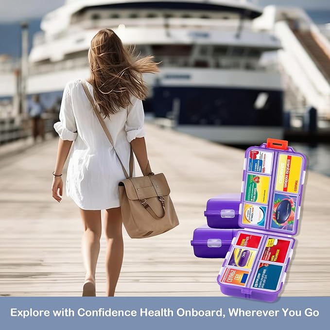 Extra Large Pill Organizer with 161 Medicine Labels, Travel Pill Case | Purple Extra large case with 10 compartments for 7-day pill planning, vitamins, supplements, and travel