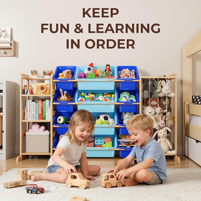 Toy Storage Organizer with Bookshelf and Stuffed Animal Storage - Kids Playroom Organization with Shelves and 12 Toy Bins - Toddler Living Room Toy Box for Lego - Nursery Bedroom Decor Essential